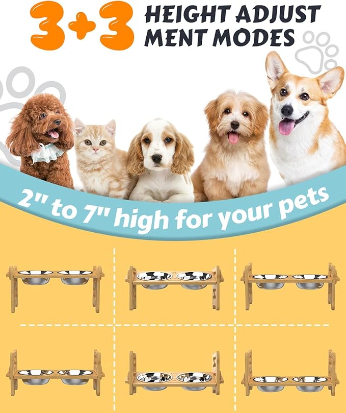 Elevated Dog Bowls, Adjustable Raised Dog Bowl Stand for Small Size Dogs and Cats, 15°Tilted Elevated Cat Bowls, Durable Bamboo Dogs Feeder with 2 Stainless Steel Bowls and Non-Slip Feet