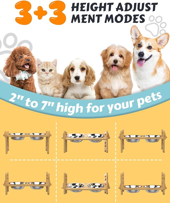 Elevated Dog Bowls, Adjustable Raised Dog Bowl Stand for Small Size Dogs and Cats, Durable Bamboo Dogs Feeder with 2 Stainless Steel Bowls and Non-Slip Feet, Pet Food Bowl with Mat