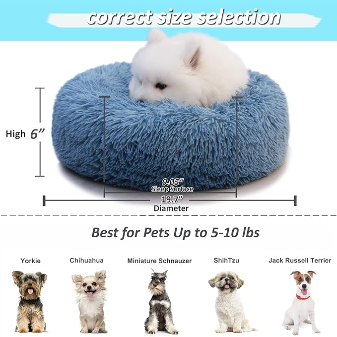 Comfy Calming Dogs Bed for Deep Sleep Small Puppy ，Puppy Bed with Fluffy Donut is for Anxiety Small Dogs，19" Round Soft Faux Fur Pet Bed for Small Dogs Under 15 lbs Machine Washable Blue