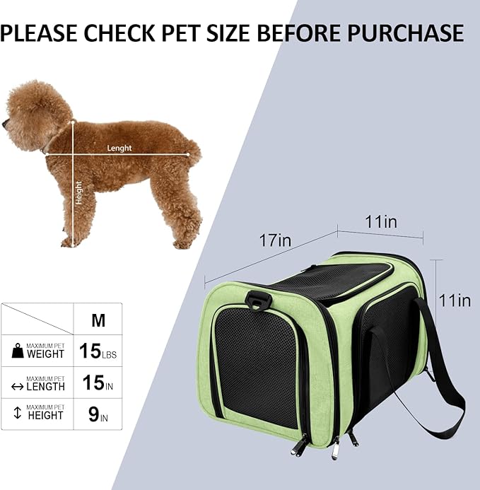 Pet Carrier for Small Medium Cats Dogs Puppies up to 15 Lbs, Airline Approved Small Dog Carrier Soft Sided, Collapsible Travel Puppy Carrier - Green