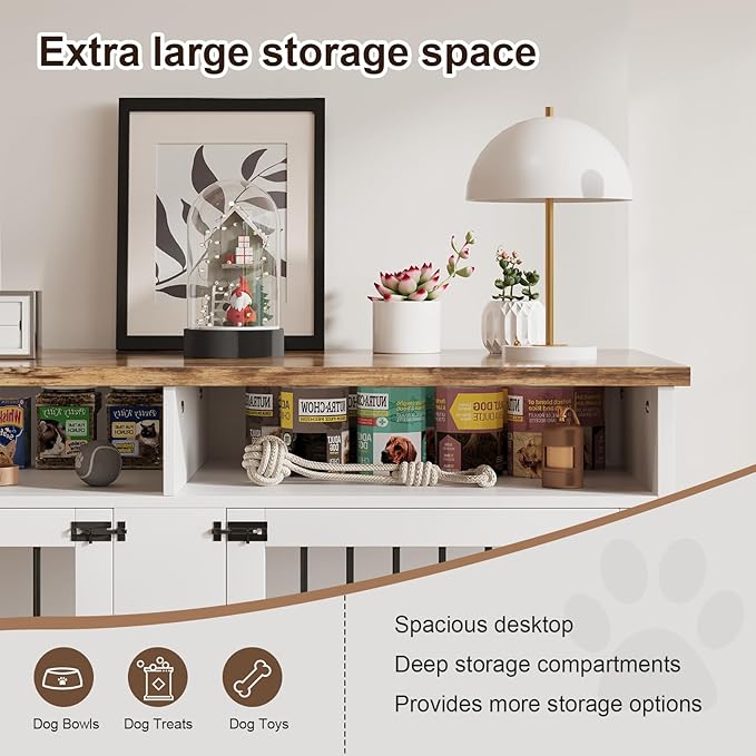 Dog Crate Furniture for 2 Dogs, 55 Inch Dog Crate Indoor with Removable Divider and Shelf Storage, Wooden Dog Crates for Medium Dogs, White