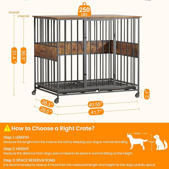 Dog Crate Furniture for Large Dogs, 42 Inch Indoor Large Kennel, Wooden Pet Cage Decorative Corner End Table with Caster Wheels & Double Removable Tray, Rustic Brown
