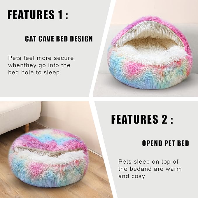 Calming Dog Beds & Cat Cave Bed with Hooded Cover,Washable Round Beds for Small Medium Pets,Anti-Slip Faux Fur Fluffy Coved Bed,Comfortable Warming Pet Bed(20 * 20inch,Dazzle)