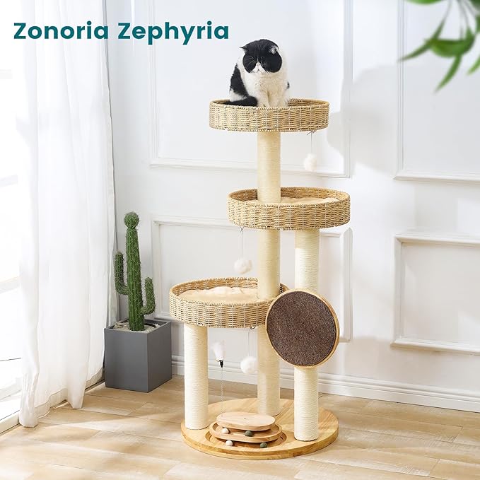 Solid Wood Cat Tree,Modern Cat Tower with Scratching Posts, Hand-Woven Beds & Toys | Heavy-Duty 20lbs Capacity,Indoor Cat Furniture for Big Cats