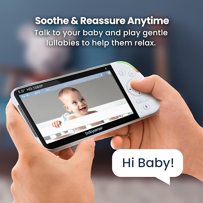Babysense Full HD 5.5" Split Screen Baby Monitor with 2 Cameras, 6-Color Night Light, White Noise, Sound & Light Machine, 20-Hour Battery, Hack-Proof Non-WiFi Secure Connection