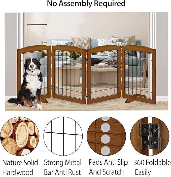 LZRS 4-Panel Freestanding Wooden Dog Gate—Extra Wide 30” Tall Foldable Pet Barrier with Support Feet, Solid Hardwood & Steel Wire Safety Gate for Doorways, Hallways, and Stairs, Cherry