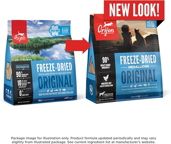 ORIJEN Grain Free High Protein Freeze Dried Dog Food & Topper Original Recipe 6oz Bag