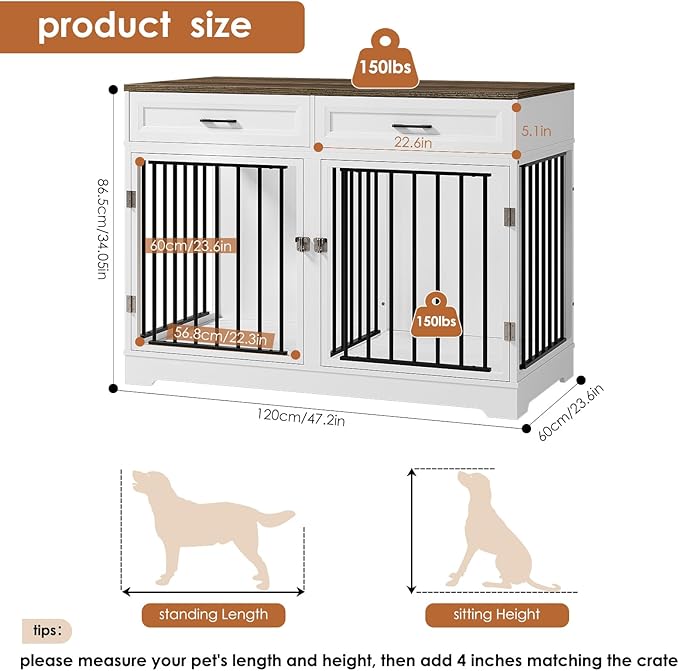 Dog Crate Furniture 47" Wooden Dog Kennels for Dogs Indoor with a Removable Divider for Large/Medium/Small Dogs, 2 Storage Drawers and Large Tabletop Dog Cages Double Doors Dog House, White