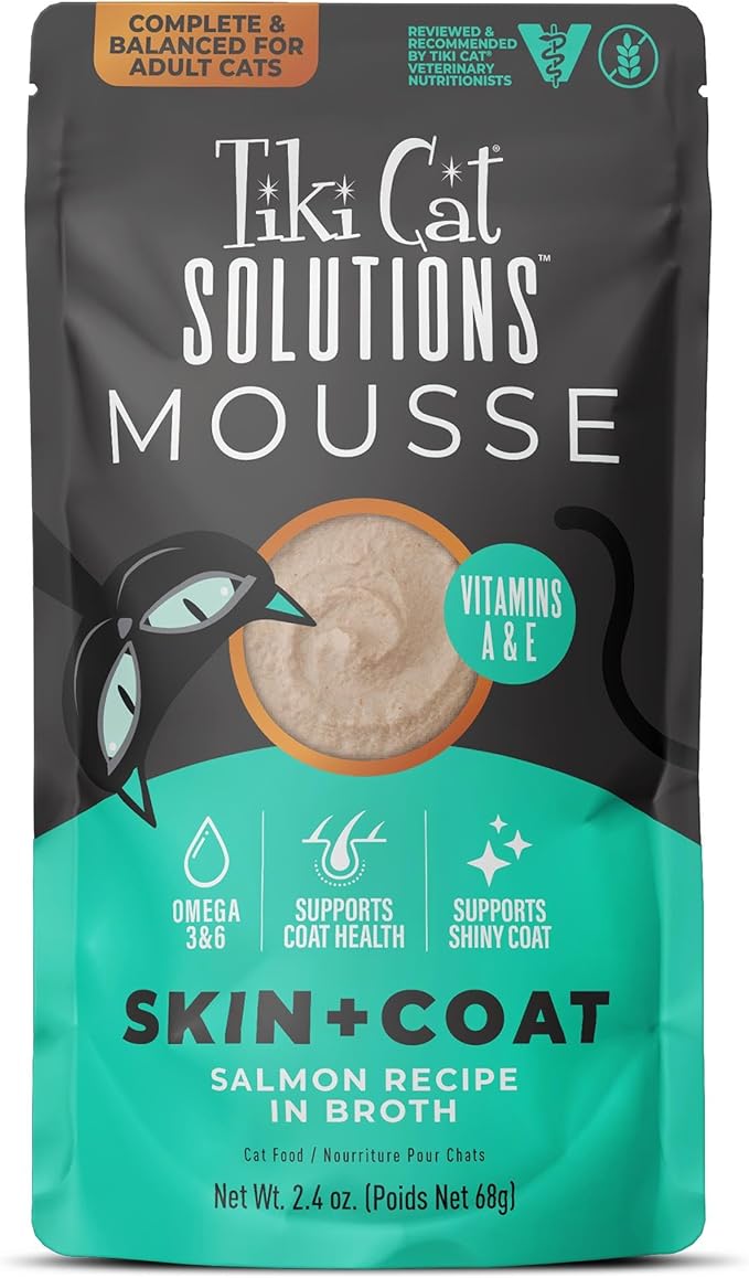 Tiki Cat Solutions Mousse Skin & Coat Mousse, Salmon Recipe, Specially Formulated with Omega Fatty Acids, Functional Wet Cat Food for Adult Cats, 2.4 oz. Pouch (12 Count)