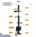 PEQULTI Floor to Ceiling Cat Tree, Tall Cat Tower, Adjustable Height (83''-108'') 5 Levels Climbing Tree for Indoor Cats with Cat Condo, Cozy Hammock and Scratching Post, Smoky Grey