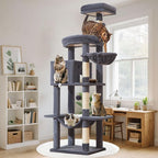 Taoqimiao MS042G Cat Tree,66-inch Large Cat Tower with Scratching Posts, Luxurious Large Platform for Big Cats with Soft Hammock, Adjustable Basket, Deluxe Cat Cando, Top Perch Smoke Gray