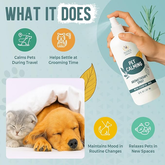 ALFIE'S CHOICE Pet Calming Aromatherapy Spray | 8 fl oz | for Cats & Dogs | Water Based Botanical Mist with Lavender, Ylang Ylang & Valerian | Promotes Calm and Relaxed Environment
