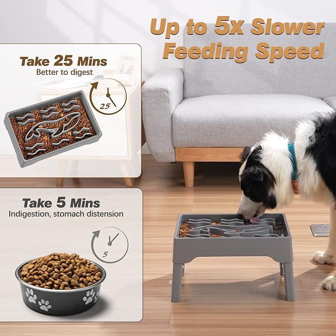 Slow Feeder Dog Bowls Large Breed, 9 Cups Elevated Dog Slow Feeder Bowl with 4 Adjustable Heights, Non Slip Anti Gulping Pet Food Bowl Stand for Medium & Large Breed