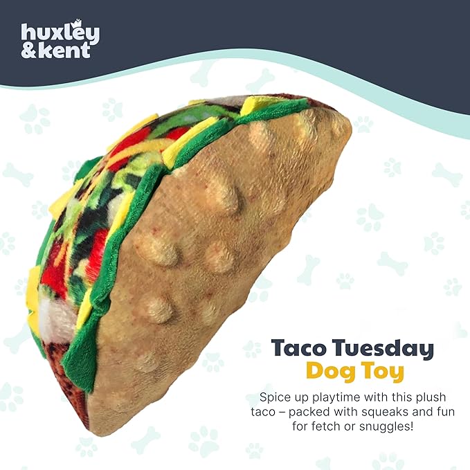 Huxley & Kent Funny Dog Toy w/Squeaker – Power Plush Squeaky Dog Toys for Small, Medium & Large Dogs – Soft Stuffed Animal for Indoor Play & Fetch - Taco Tuesday, Small