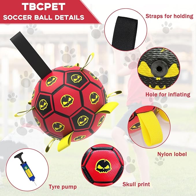 Dog Toys Soccer Ball with Straps, World Cup Interactive Dogs Toys for Tug of War, Yard Game, Water Toy, Herding Ball for Dogs, Durable Dog Balls with Skull Pattern for Puppy（6 Inch）