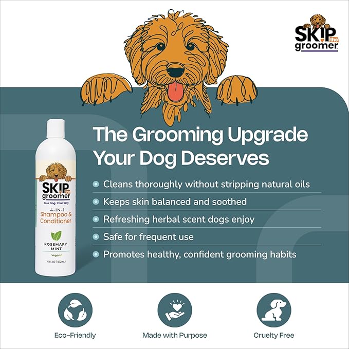 4-in-1 Dog Shampoo & Conditioner, Rosemary Mint, Cleans, Conditions, Detangles & Deodorizes, Natural, Vegan, Gentle Grooming for All Breeds & Coat Types 16 oz, Made in USA