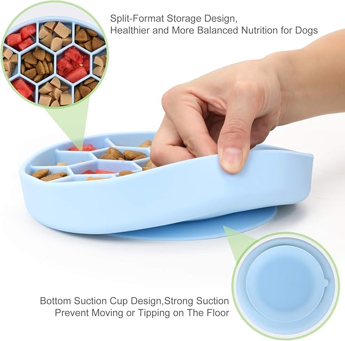 Pawow Slow Feeder Dog Bowls, Silicone Dog Bowl with Suction Cups, Non-Slip Pet Slow Feeder for Small Medium Large Breed, Anti Gulping&Dishwasher Safe, Reduces Boredom Pet Feeding Bowl(Blue)