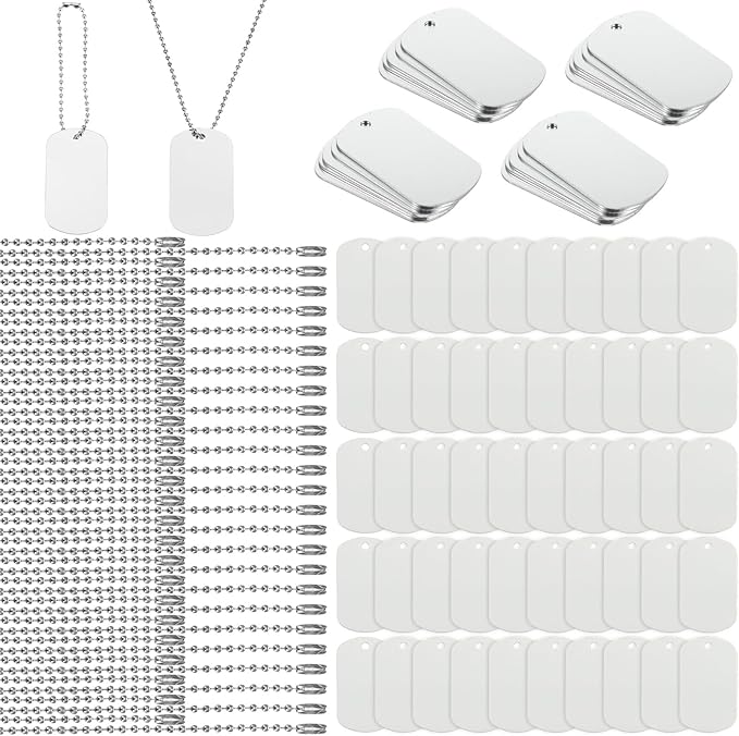 100 Pcs Personalized Dog Tags Set Including 50 Pcs Aluminum Blank Dog Tags for Engraving 50 Ball Steel Chain Rectangle Metal Blank Stamping Label for DIY Craft(Silver)