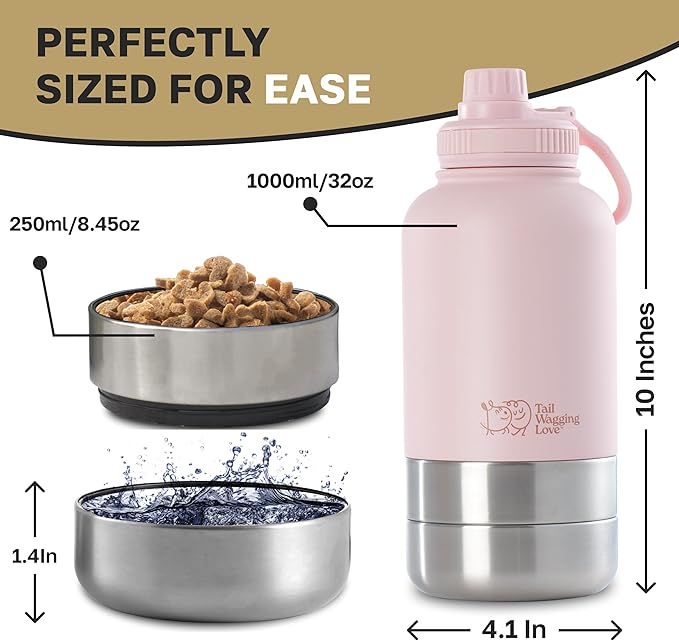 32oz 3-in-1 Travel Water Bottle for Dogs & Humans, Dual Use, Stainless Steel, Keeps Water Hot 6hrs/Cold 12hrs, Leak-Proof with Detachable Food & Water Bowls, Perfect for Travel