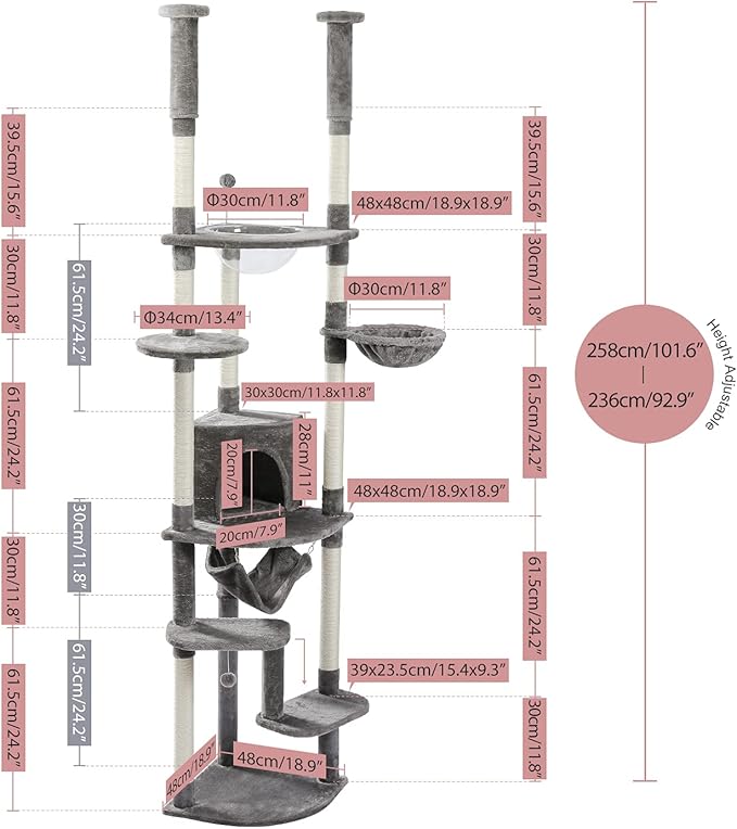 PEQULTI Floor to Ceiling Cat Tree 92.9’’-101.6’’ Height Adjustable Cat Tower Tall Kitty Climbing Play House with Scratching Posts, Cozy Condo, Perches and Large Hammock for Indoor Cats Gray