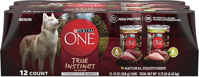 Purina ONE True Instinct Tender Cuts in Gravy With Real Turkey and Venison, and With Real Chicken and Duck High Protein Wet Dog Food Variety Pack - (Pack of 12) 13 oz. Cans