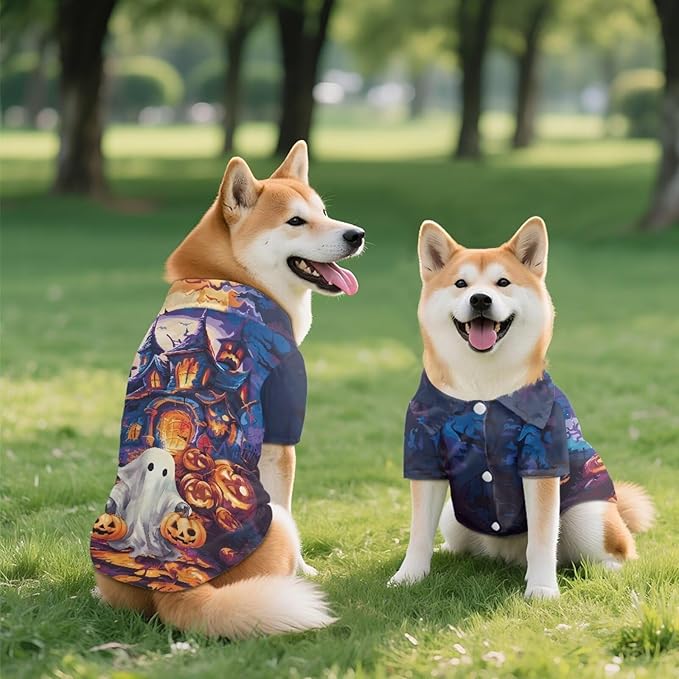 Dog Halloween Shirts for Small Dog Girls Boys Puppy Ghost Shirt Spring Summer Button Up Pet Outfit Fashion Cat Clothes Lightweight Puppy Holiday Apparel for Yorkie Poodle Shih Tzu Dachshund
