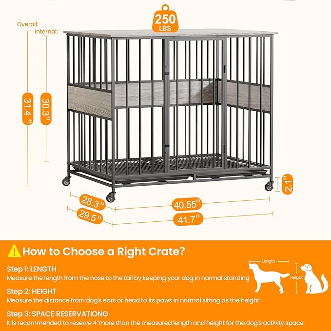 Dog Crate Furniture for Large Dogs, 42 Inch Indoor Large Kennel, Wooden Pet Cage Decorative Corner End Table with Caster Wheels & Double Removable Tray, Greige