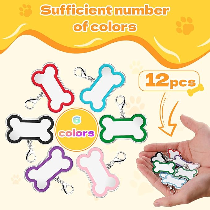 12 Pack Blank Dog Tags Engraved, Zinc Alloy Bone Shape Dog Name Tag, 1.8in Pet ID with Lobster Clasp for Engraving Name Phone Number (6 Colors)