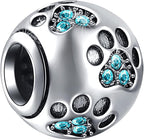 EMOSTAR Dog Paw Print Charms with Various Birthstone Crystals, 925 Sterling Silver Pawprint Beads for 3mm Snake Chain, Pet Lover Gifts for European Women Bracelet