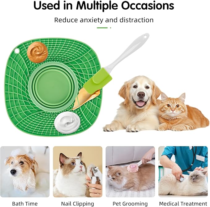 Lick Mat for Small Dogs and Cats with Suction Cups, Silicone Slow Feeder Lick Pad with Collapsible Bowl for Anxiety Relief, Pet Puzzle Treat Mat for Bathing Grooming Trimming (Green)