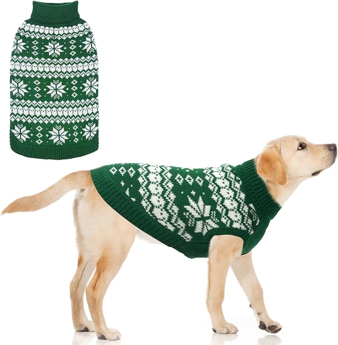 KOOLTAIL Cable Knit Dog Sweater Turtleneck, Cold Weather Pullover Classic Knitwear, Snowflake Pattern Thick Warm Winter Pet Clothes, Dog Christmas Sweater for Small Medium Large Dogs Cats, Green L