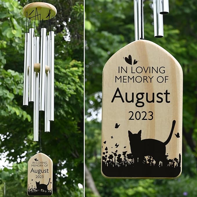 Personalized Pet Loss Wind Chime, Cat Bereavement Gift, In Memory of Cat, Silver Rustproof Wind Chime, 25.6 Inches