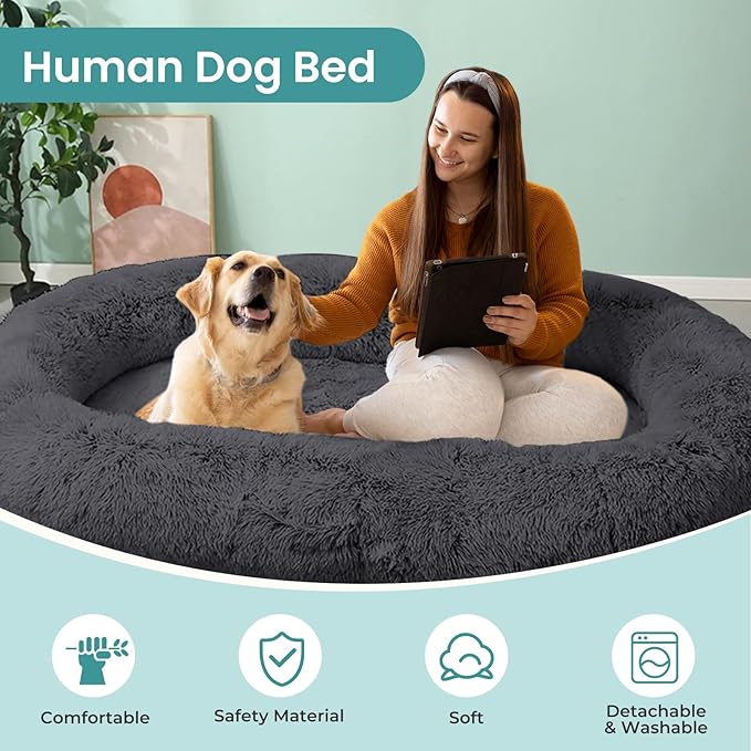 JOLLYVOGUE Human Dog Bed for Adults and Pets, Ultra-Soft Plush Giant Dog Bed with Egg Crate Foam, Non-Slip Base, and Machine Washable Cover - Ideal for Relaxation and Napping, Dark Grey
