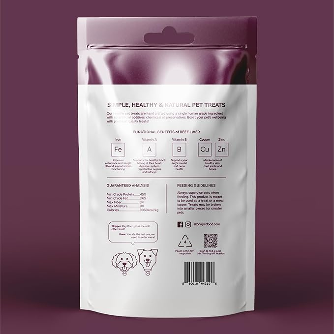 Skona PetFood Beef Liver Jerky Dog & Cat Treats, Single-Ingredient, High Protein Training Snacks, Natural & Healthy, USA Made, Supports Digestion, Energy & Shiny Coat, Rich in Nutrients, 4oz