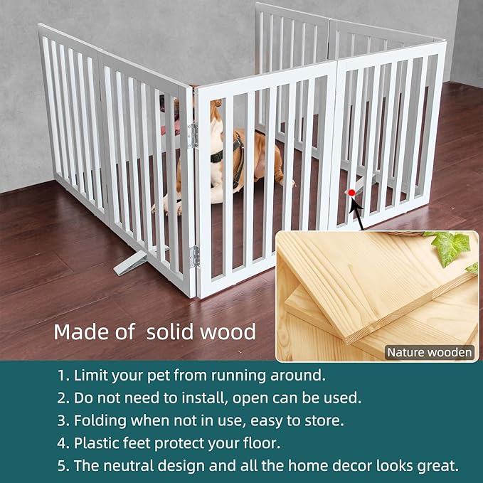 ZJSF Freestanding Indoor Dog Gate for House Foldable Wood White Puppy Gate for Doorways Pet Gate for Stairs Extra Wide Pet Fence 32" Height 6 Panels