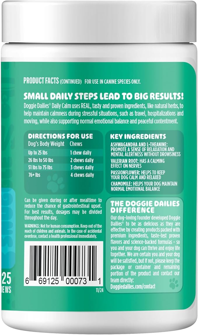 Doggie Dailies Calming Chews for Dogs - Melatonin for Dogs with Chamomile to Help Manage Stress Relief - Calm & Relaxation During Thunderstorms, Fireworks, Travel, & Separation (Turkey) 225 Soft Chews