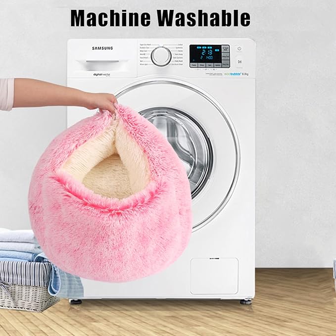 Round Hooded Cat Bed & Dog Bed with Cover Cave, Dog Bed for Small Dogs, Faux Fur Cuddler Round Coved Cat Bed Self Warming Donut Dog Bed Fits up to 5 lbs Pets (Pink, 16inch x 16inch)