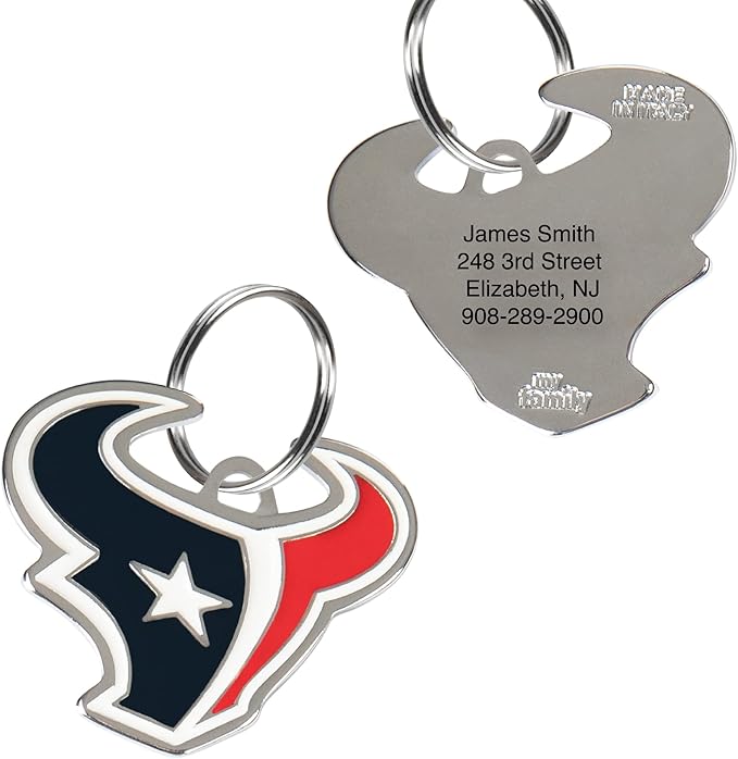 NFL Houston Texans Engraving Pet ID Tags in 32 Team Logo Shapes Personalized Dog Tags and Cat Tags with 3 Lines of Customizable Text for Tracking & Safety. Stainless Steel Pet ID Tracking Tags