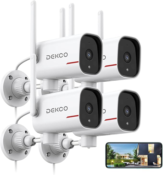 DEKCO 4 Pack Wired Home Camera Outdoor with 2K Color Night Vision, Pan Rotating 180° Security Cameras Support 24/7 Recording, 2.4GHz WiFi, AI Human Auto Tracking, Work with Alexa/Google Assistant