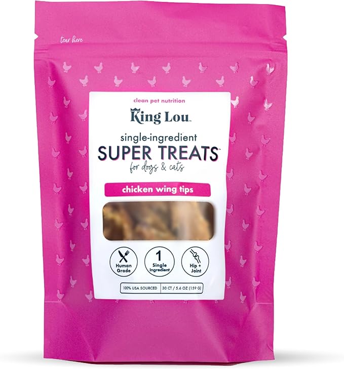 King Lou Pets - Whole Chicken Wing Tips - Dehydrated Raw Chicken Dog & Cat Treats - USA-Made - Rich in Collagen, Glucosamine, Chondroitin for Hip & Joint Health - 30 Count