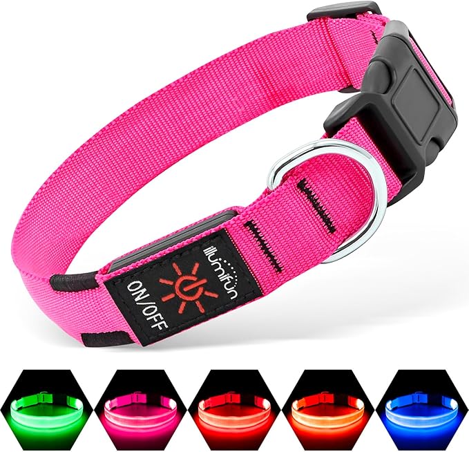 Illumifun LED Dog Collar USB Rechargeable Light Up Dog Collar, Water-Resistant Adjustable Safety Collar Light for Small Medium Large Dogs Glow in The Dark (Pink, Large)
