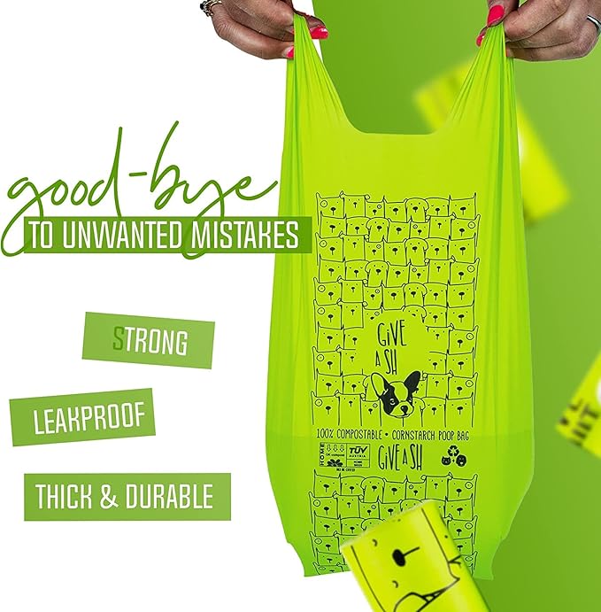 100% Certified Home Compostable Dog Poop Bags with Handles - 10% to Charity - ASTM D6400 & EN 13432 Compliant - 120 x Plant Based Compostable Poop Bags (10 Rolls)