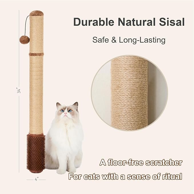 34" Extra-Tall Wall Mounted Cat Scratcher – Vertical Sisal Scratching Post for Large Cats, Space-Saving Cat Wall Climber with Self-Grooming Brush & Hanging Ball Toy, Modern Brown Decor