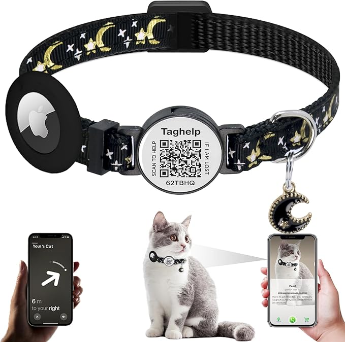 Stars and Moon AirTag Cat Collar with AirTag Holder,Air Tag Cat Collar for Apple. Solid & Safe, Pet Collar, Breakaway Cat Collar, Scan QR for Instant Location Alerts.NO APP(Black)