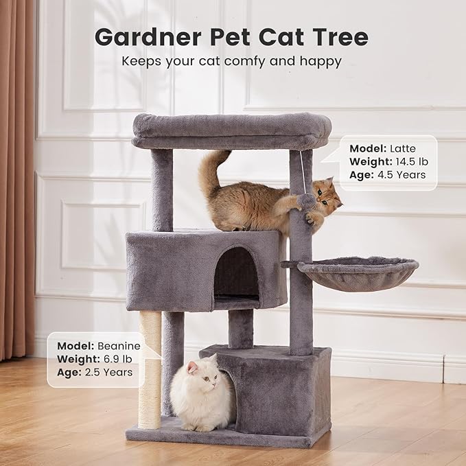 Gardner Pet 41" Tall Cat Tree for Medium Large Cats, Heavy Duty Cat Tower with 2.8in Posts & Washable Top Perches, Space-Saving Cat Furniture for Apartments, Easy to Assembly