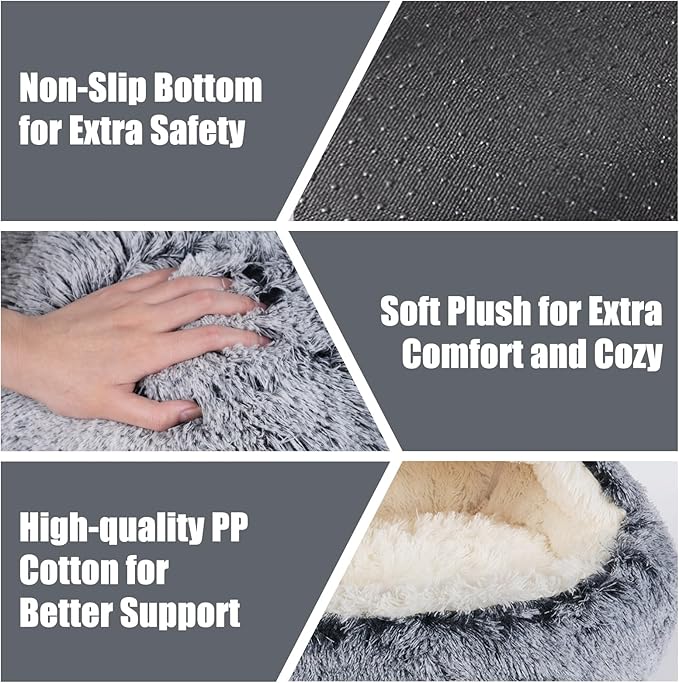Cat Beds & Dog Bed with Cover Cave, Dog Beds for Small Dogs, Round Soft Plush Donut Calming Pet Bed for Indoor Cats or Small Dog, Washable Puppy Bed with Non-Slip Bottom-24inch