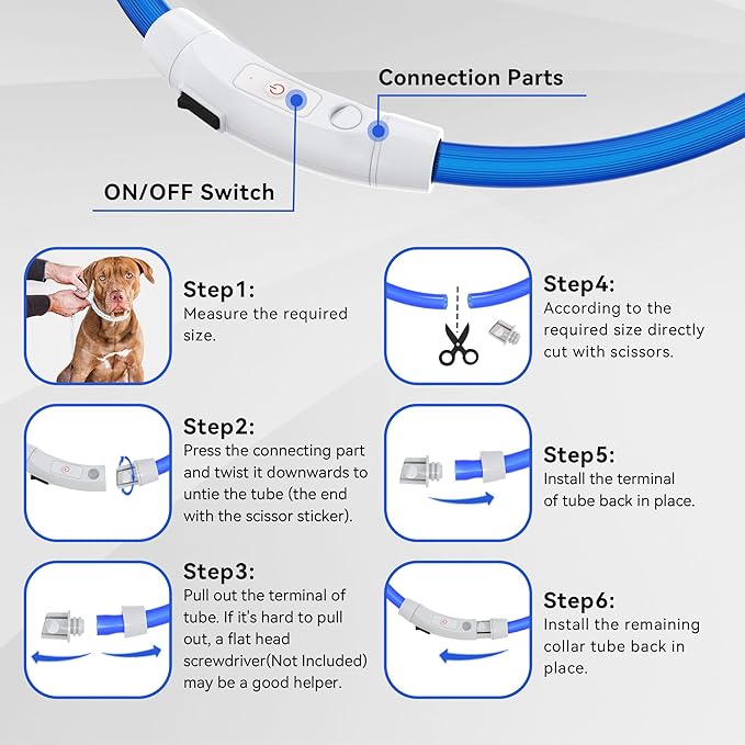 Led Light Up Dog Collar Rechargeable Waterproof, Glow in Dark Dog Collar, TPU Cuttable Lighted Dog Collars for Night Walking Charging USB, Safety for Small Medium Large Dogs Blue