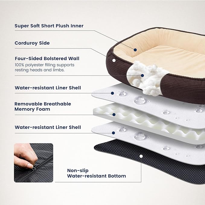 Miguel Orthopedic Dog Bed for Medium Small Dogs, Memory Foam Pet Bed Washable Removable Cover, Calming Puppy Bed with Sides, Dog Couch Comfort Sofa, Egg Foam Support, Non-Slip Bottom, Brown 24 inches