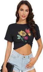 Womens Summer Crop Tops Short Sleeve Round Neck T-Shirts Loose Fit Casual Blouse