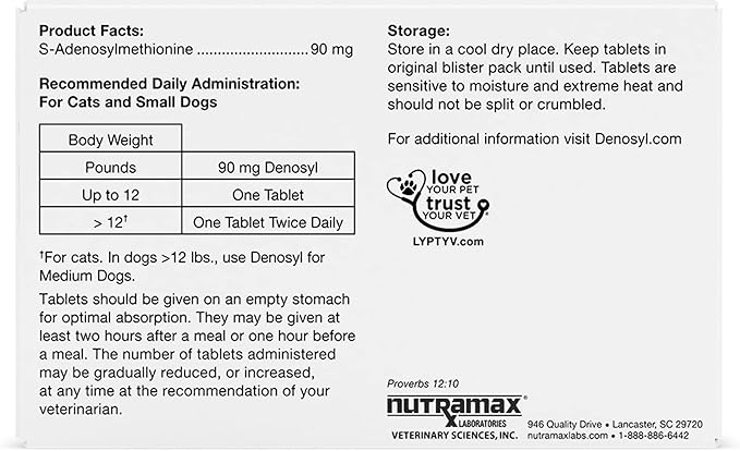 Nutramax Laboratories Denosyl Liver and Brain Health Supplement for Small Dogs and Cats - With S-Adenosylmethionine (SAMe), 3 Pack, 90 Total Tablets